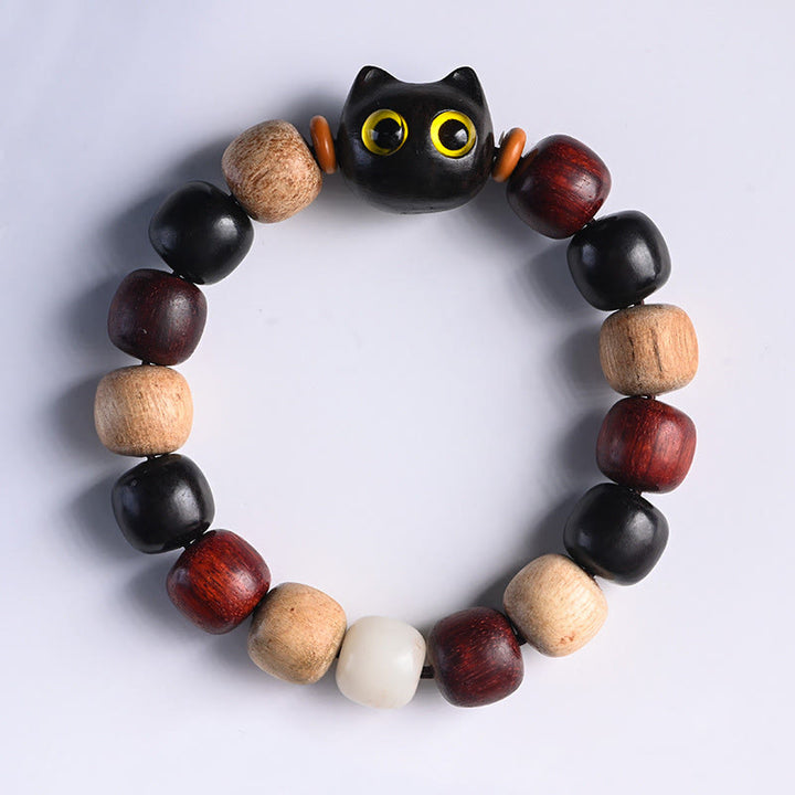 Buddha Stones, kleines Blatt, rotes Sandelholz, Ebenholz, niedliche Katze, graviertes Schutzarmband