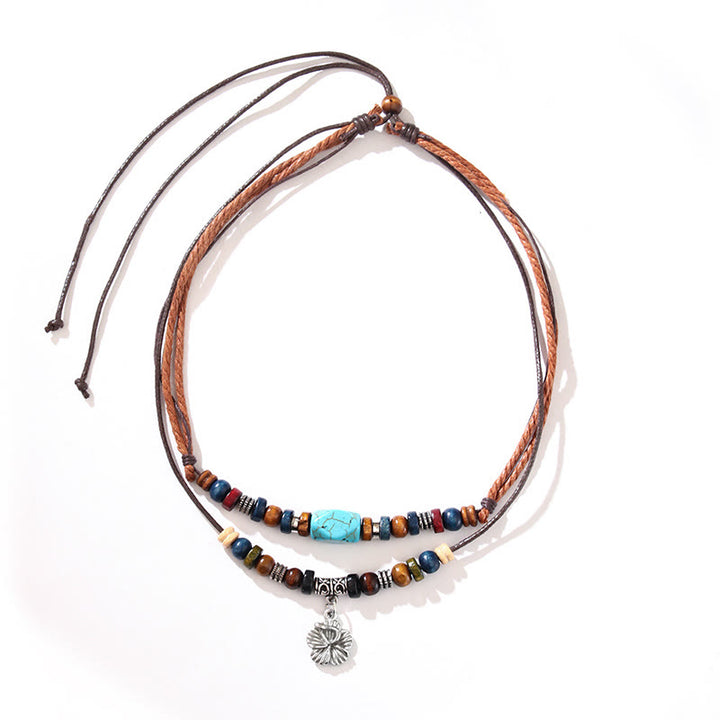 Buddha Stones Türkis Kleine Blume Schutz Doppelschicht Halskette Anhänger Armband