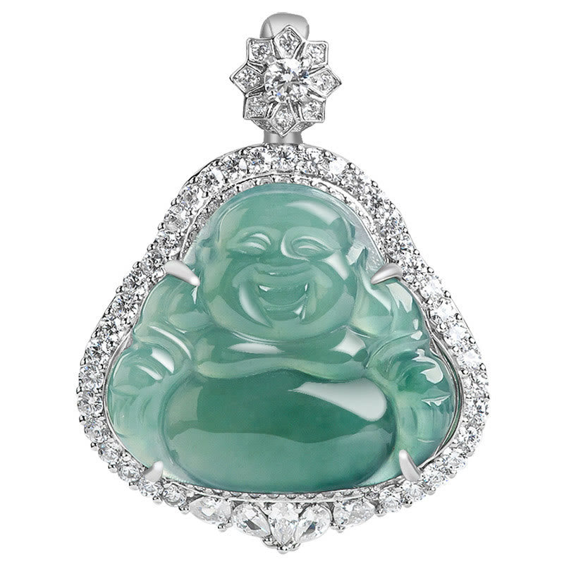 Buddha Stones 925 Sterling Silber lachender Buddha natürliche Jade Glück Fülle Kette Halskette Anhänger