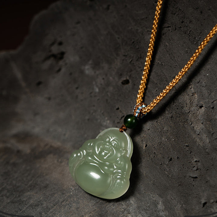 Lachender Buddha Jade Lotus Wohlstand String Halskette Anhänger