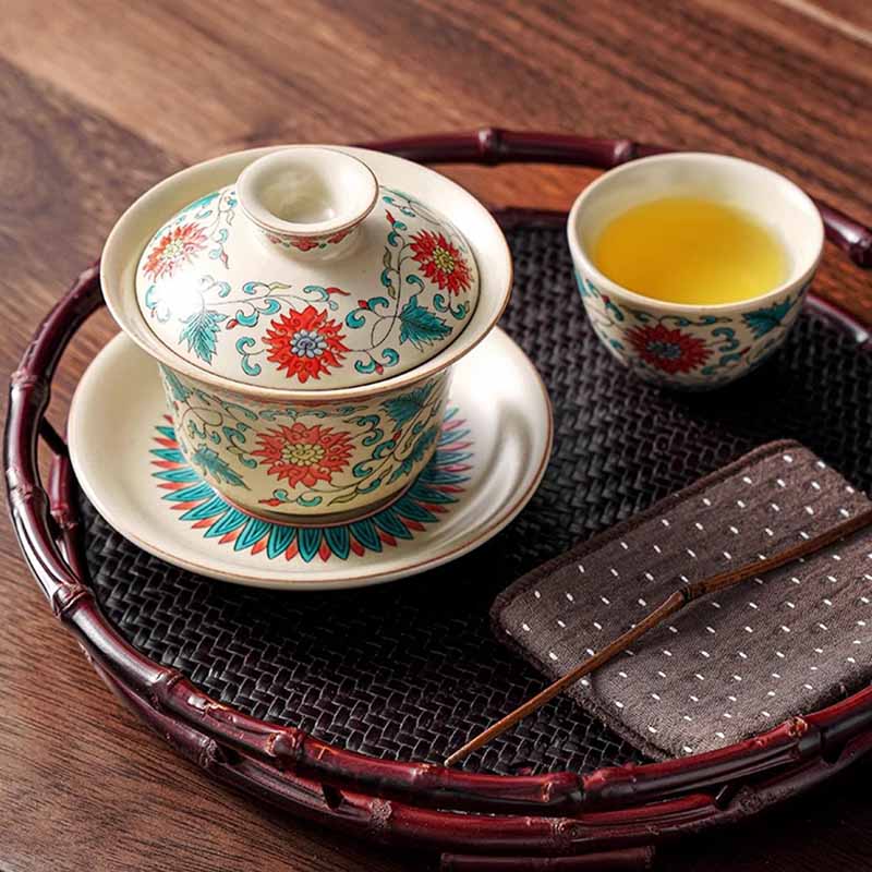 Buddha Stones Ein Panorama von Flüssen und Bergen Blumen Keramik Gaiwan Sancai Teetasse Kung Fu Teetasse und Untertasse mit Deckel