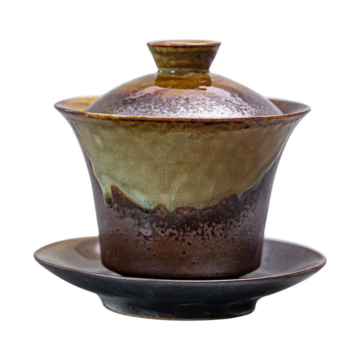 Buddha Stones Vintage Brown Kiln Change Design Porzellan Keramik Gaiwan Sancai Teetasse Kung Fu Teetasse und Untertasse mit Deckel