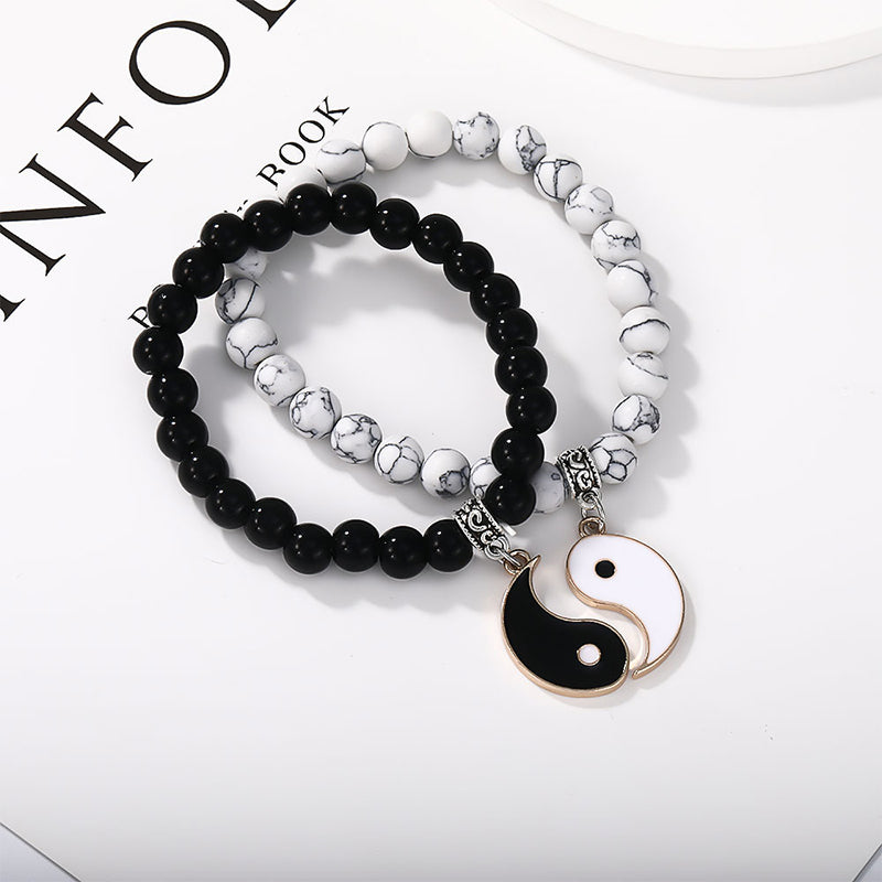 Buddha Stones 2-teiliges schwarzes Onyx- Weiß Türkis-Perlen-Yin-Yang-Schutz-Paar-Armband