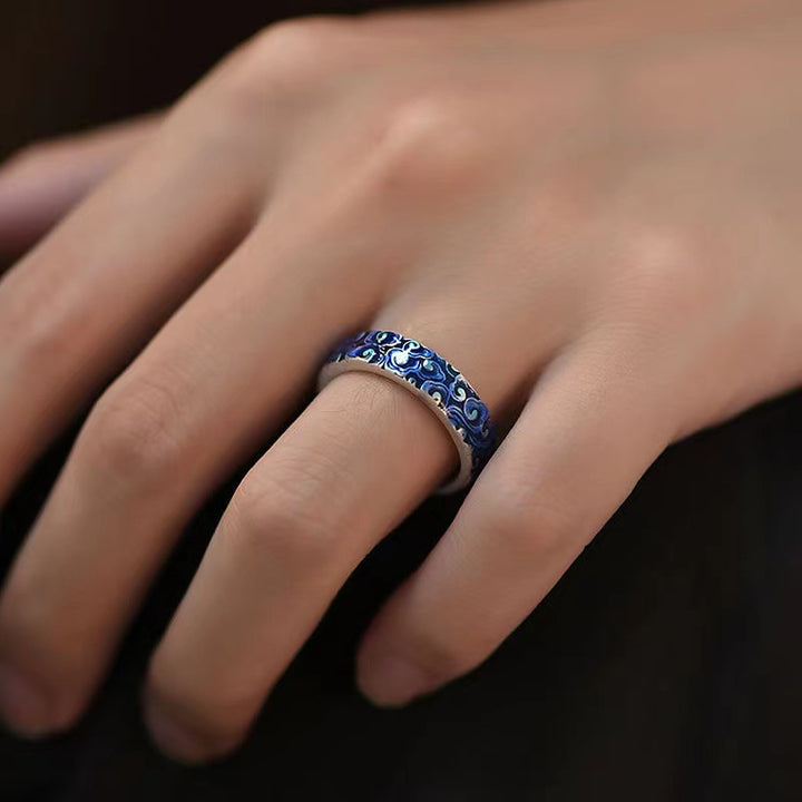 Verstellbarer Ring aus Kupfer mit Buddha Stonesn, blaues, verheißungsvolles Wolken-Design, Heilung