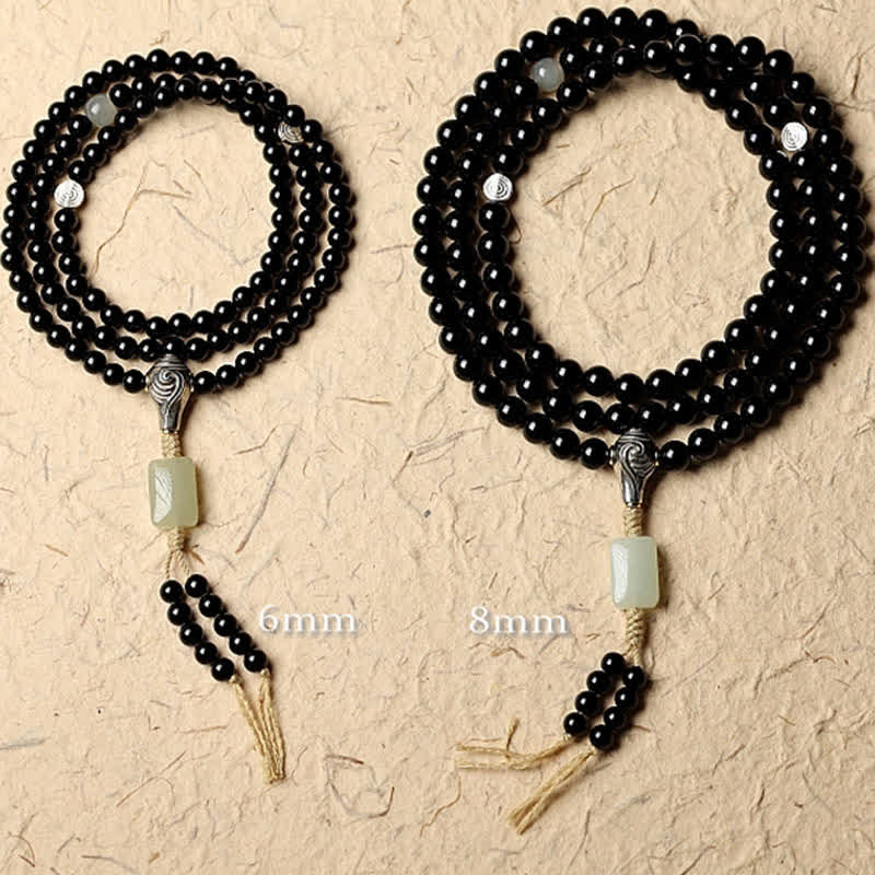 Glücksarmband aus tibetischem schwarzem Onyx, Hetian-Jade, 108 Mala-Perlen