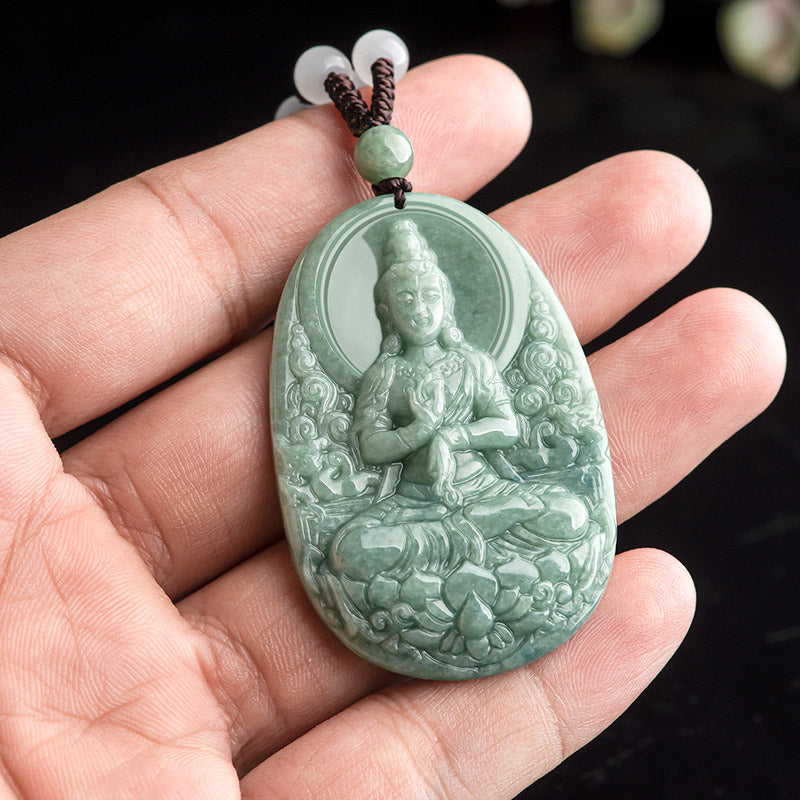 Buddha Stones Natürliche Jade Avalokitesvara Amulett Reichtum Halskette Anhänger