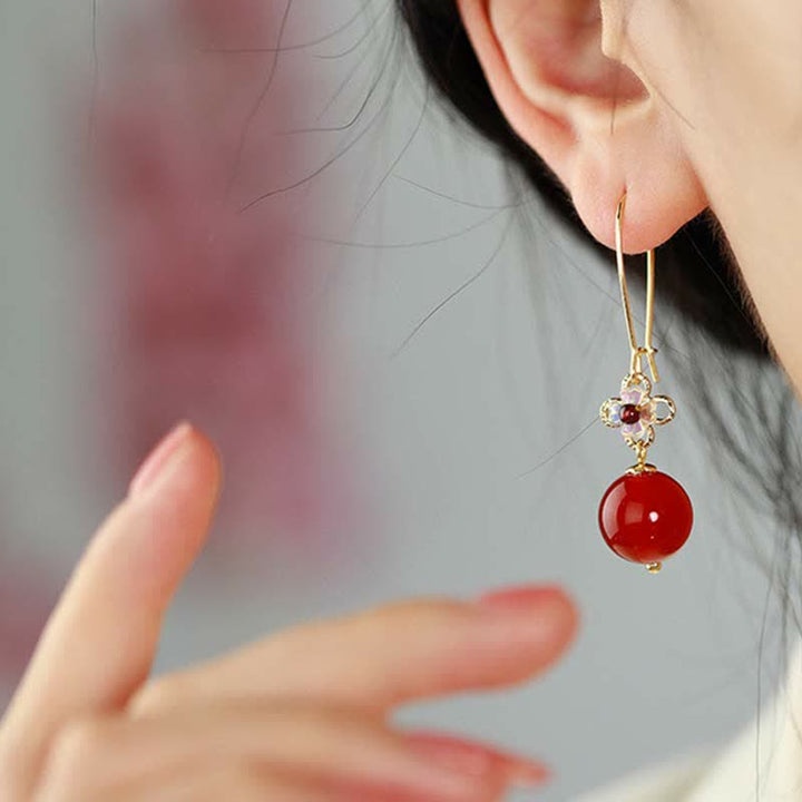 Buddha Stones 925 Sterling Silber Rote Achat Blume Perlen Selbstvertrauen Ohrringe