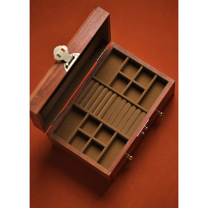 Antike handgemachte rote Sandelholz-Palisander-Schmuck-Aufbewahrungsbox, abschließbare Geschenk-Organizer-Box aus massivem Holz