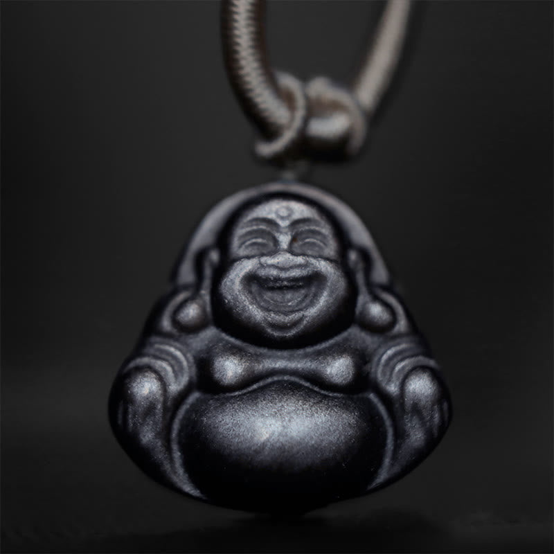 Buddha Stones, natürlicher silberfarbener Obsidian, lachender Buddha-Schutz-Halsketten-Anhänger