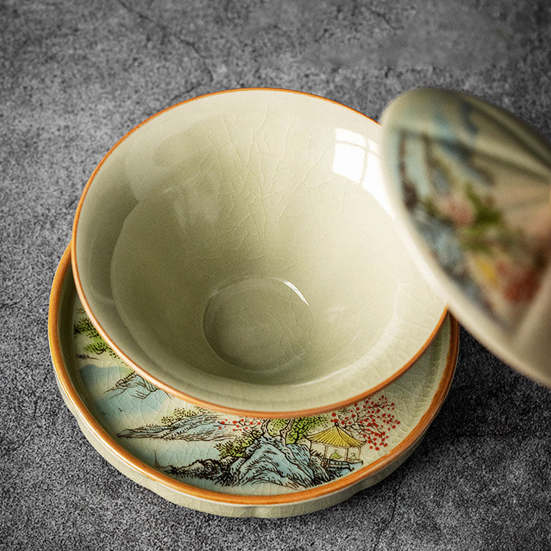 Buddha Stones Kiefer Berg Wald Landschaft Keramik Gaiwan Sancai Teetasse Kung Fu Teetasse und Untertasse mit Deckel