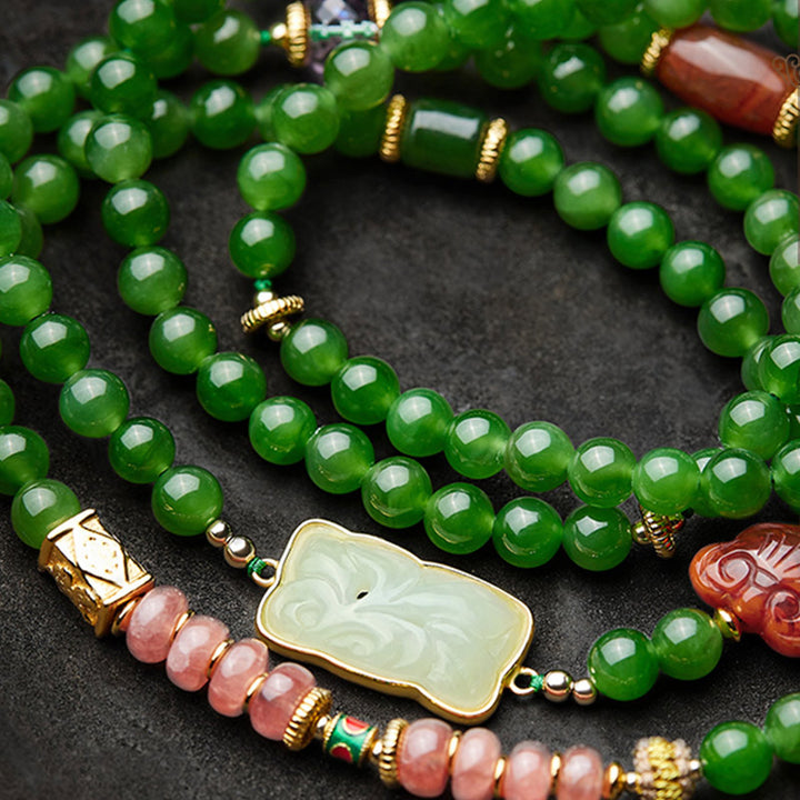 Buddha Stones 108 Mala Perlen Cyan Jade Roter Achat Lachender Buddha Glücksarmband