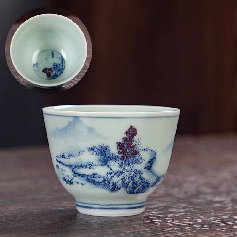 Buddha Stones, blaue Landschaft, Berge, Lotus, niedliche Katzenpavillons, Magnolien, Schilfreiher, Keramik-Teetasse, kleine Kung-Fu-Teetasse