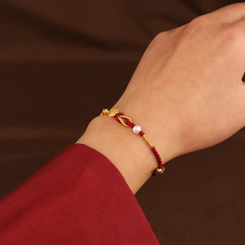 Buddha Stones 24K Gold Wish Ruyi Handle Fu Charakter Kaninchen Perle Glück geflochtenes Armband