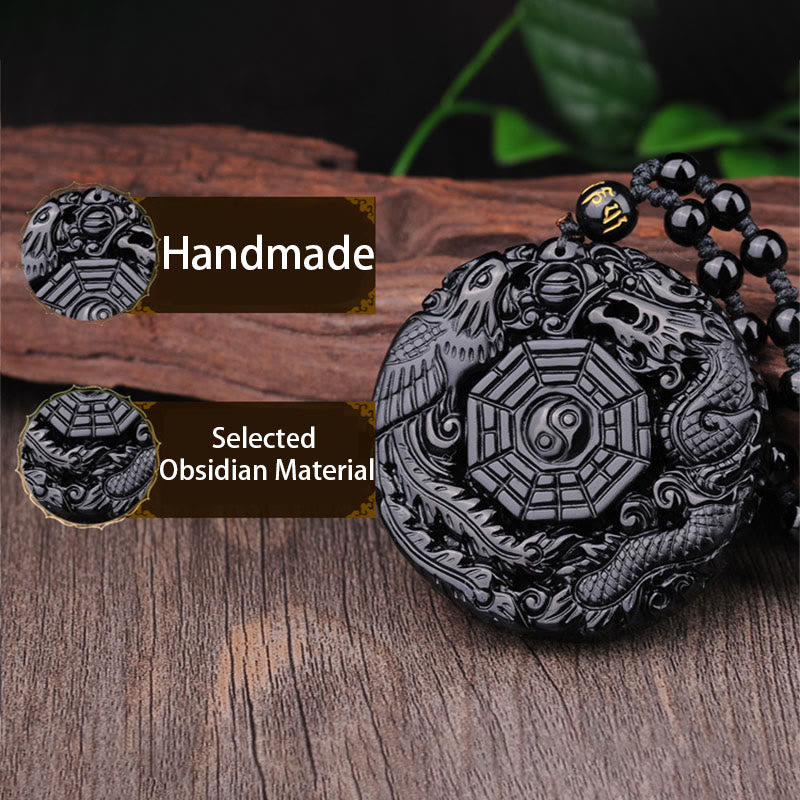 Buddha Stones Bagua Dragon Phoenix Obsidian Erfüllung Anhänger Halskette