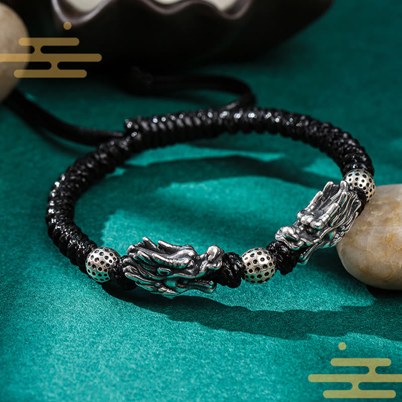 Buddha Stones 999 Sterling Silber Double Dragon Luck handgefertigtes geflochtenes Armband
