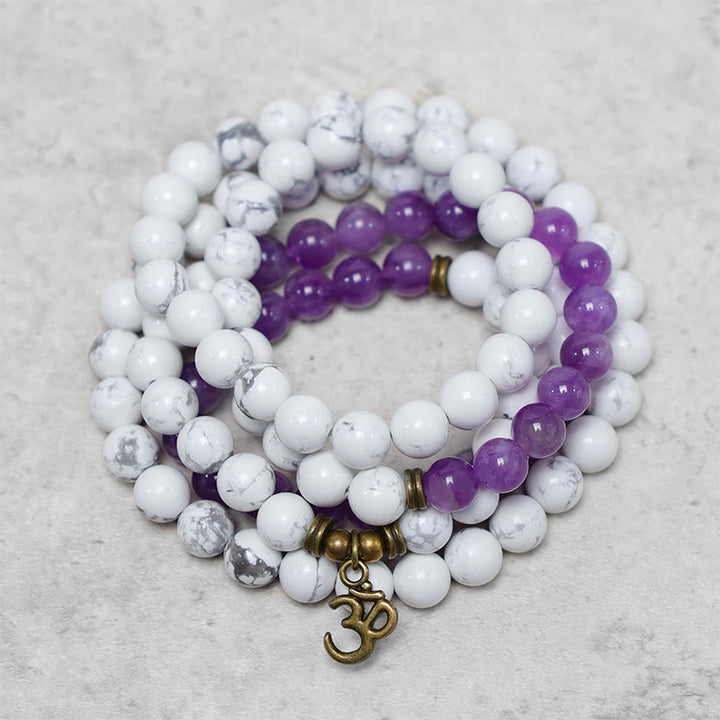 108 Mala-Perlen, Amethyst, Weiß, Türkis, OM-Heilmeditation, Energiearmband