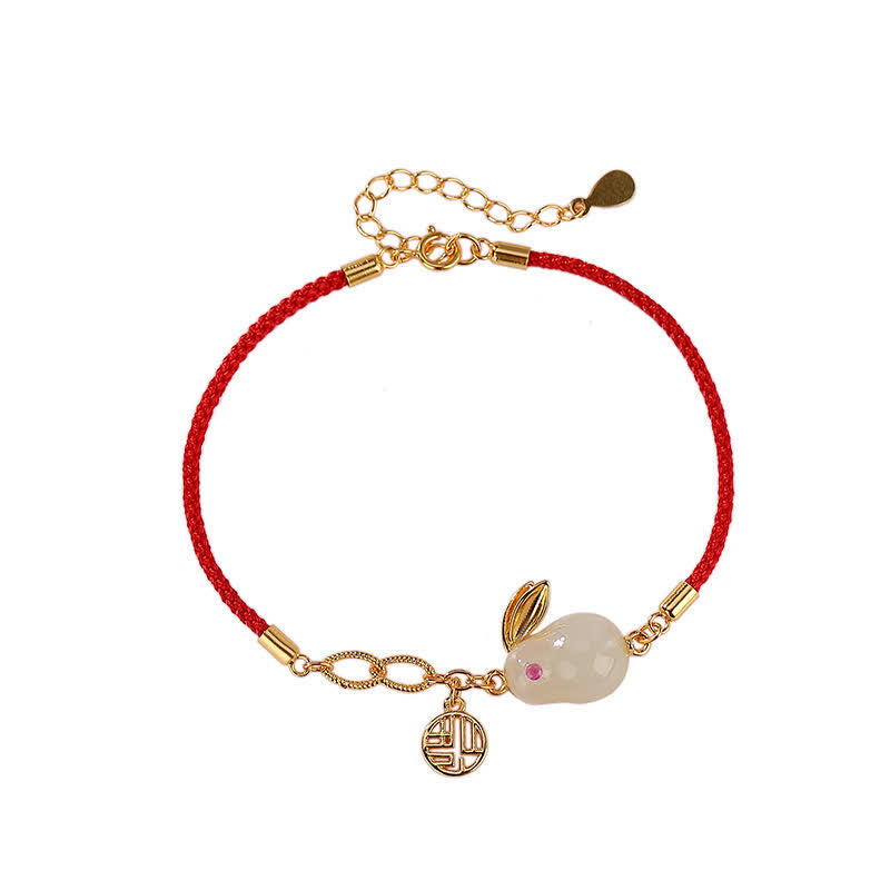 Armband aus 925er-Sterlingsilber, Jahr des Kaninchens, Hetian- Weiß Jade, Glückssegen, rote Schnur