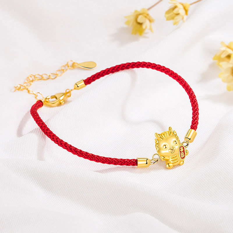 Buddha Stones 925 Sterling Silber Jahr des Drachen Lucky Golden Dragon Strength Rotes Seilkettenarmband