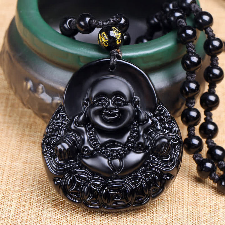 Buddha Stones Lachender Buddha Schwarzer Obsidian Kraftschutz Anhänger Halskette