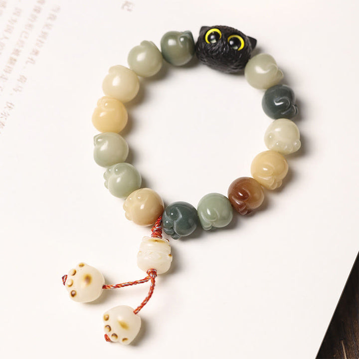 Armband mit Buddha Stonesn, natürlichem Bodhi-Samen, schöne Pfote, Ebenholz, glückliche Katze, Weisheit