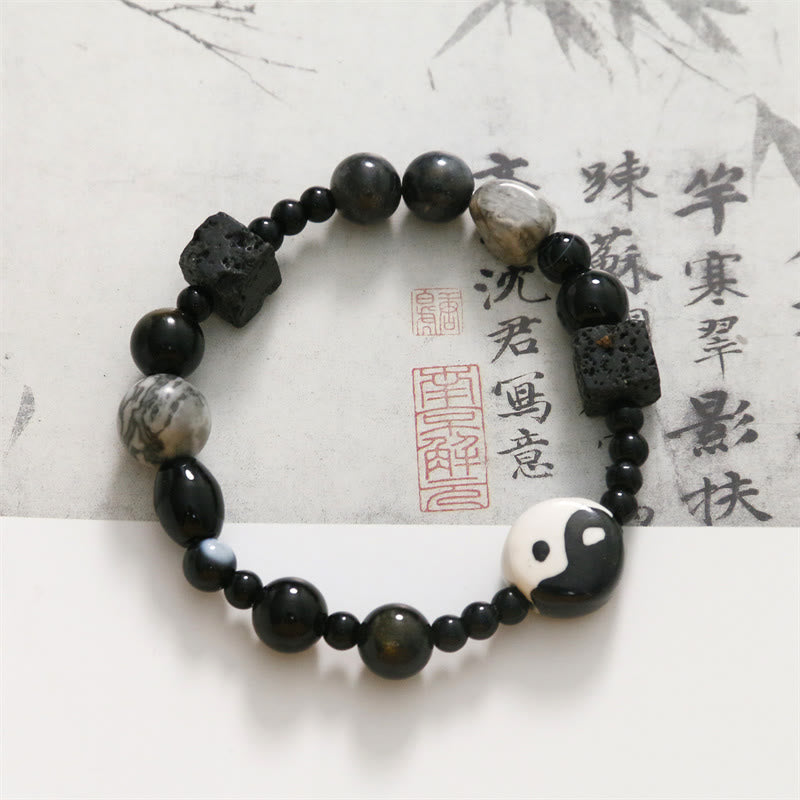 Buddha Stones Schwarzes Onyx-Picasso-Jaspis-Perlen-Yin-Yang-Glücksschutz-Armband