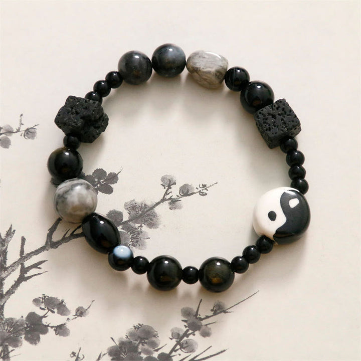 Buddha Stones Schwarzes Onyx-Picasso-Jaspis-Perlen-Yin-Yang-Glücksschutz-Armband