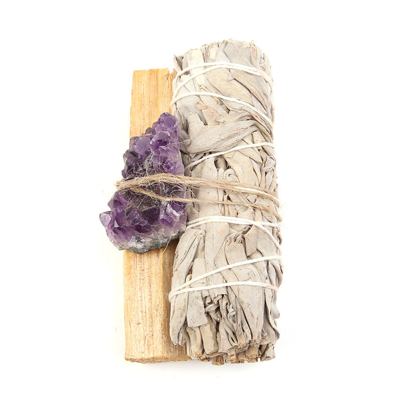 Buddha Stones, natürlicher Palo Santo-Amethyst, grüner Aventurin-Kristall, Weiß Salbei, Smudge, reinigendes Altar-Set, spirituelles Zubehör