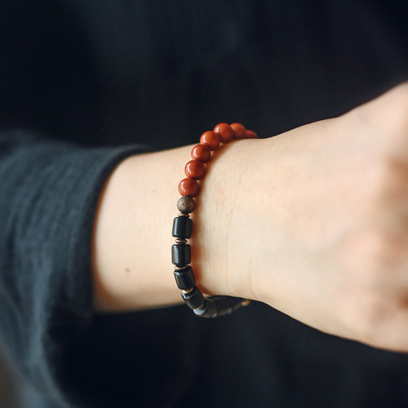 Armband mit Buddha Stonesn, Ebenholz, rotem Jaspis, Moos-Achat, Kristall, Kupfer, Friedenspaar