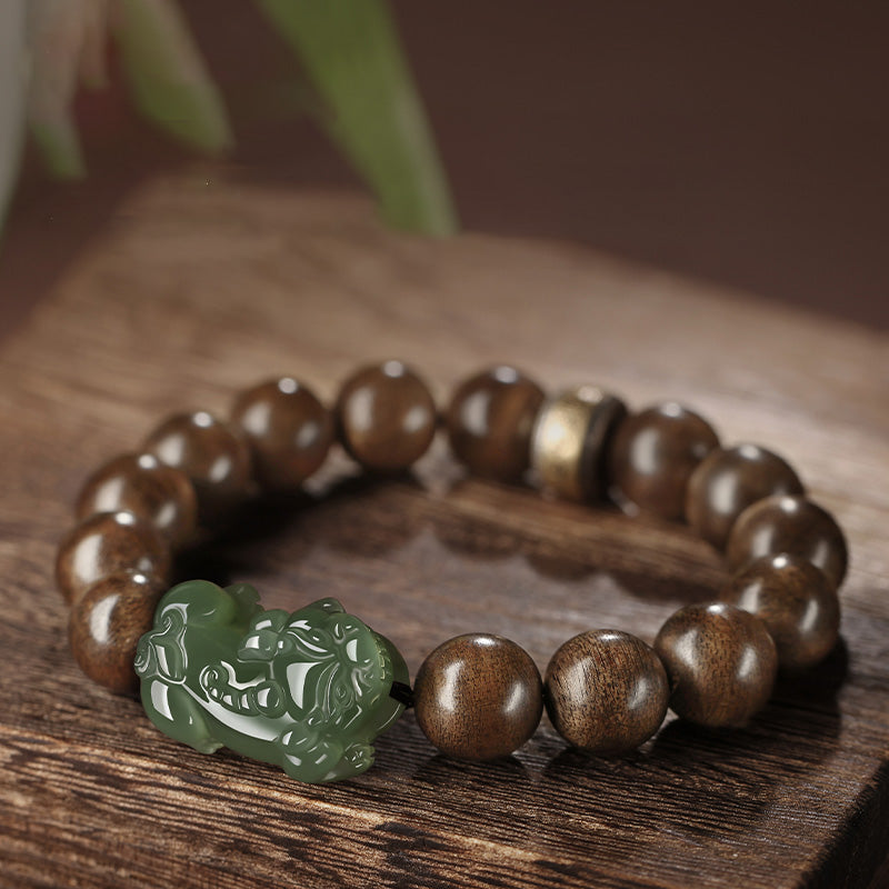 Buddha Stones 925 Sterling Silber Brunei Agarwood PiXiu Jade Peace Strength Armband