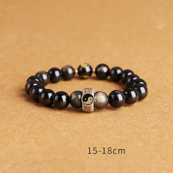 Buddha Stones 925 Sterling Silber Schwarz Obsidian Gold Glanz Obsidian Silber Glanz Obsidian Yin Yang Schutzarmband