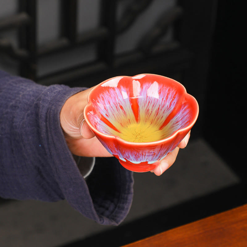 Buddha Stones 6 Stück Pflaumenblüten-Blütenblatt-Muster, chinesischer Jianzhan-Ofen, Keramik-Teetasse, Kung-Fu-Teetasse, Schüssel mit Geschenkbox