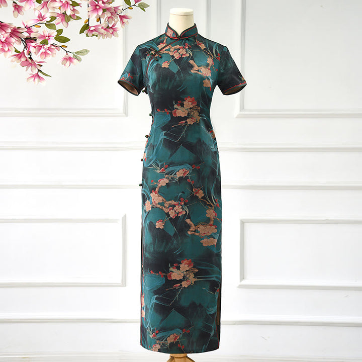 Buddha Stones Vintage Rosa Blumen Print Cheongsam Kleid Damen Qipao Kleid