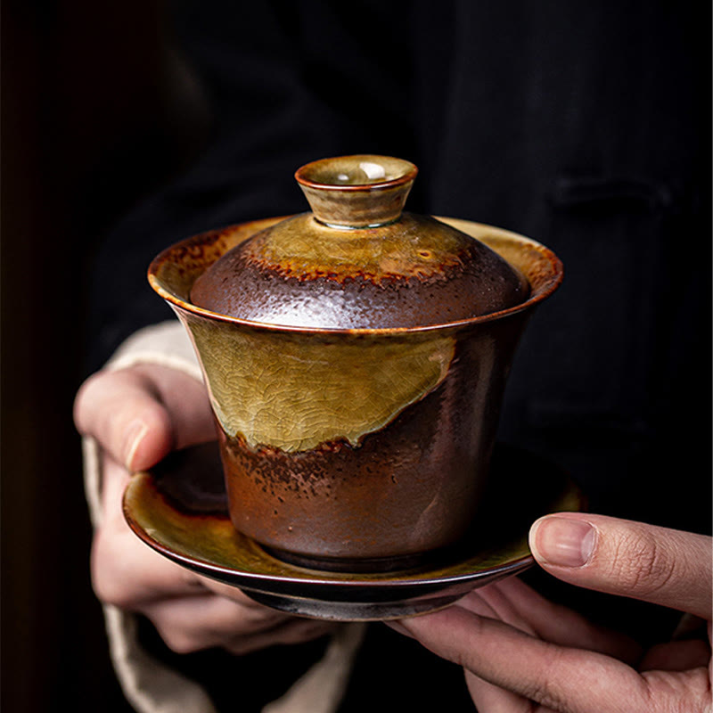 Buddha Stones Vintage Brown Kiln Change Design Porzellan Keramik Gaiwan Sancai Teetasse Kung Fu Teetasse und Untertasse mit Deckel