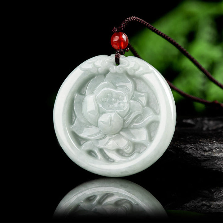 Buddha Stones, natürliche Jade, Lotusblume, geschnitzter Wohlstands-Halskettenanhänger