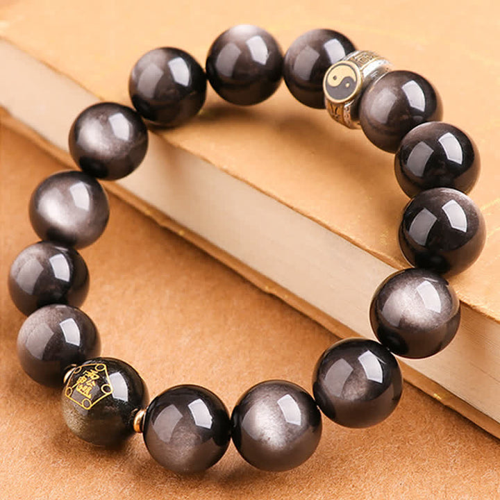 Buddha Stones 925 Sterling Silber Schwarz Obsidian Gold Glanz Obsidian Silber Glanz Obsidian Yin Yang Schutzarmband