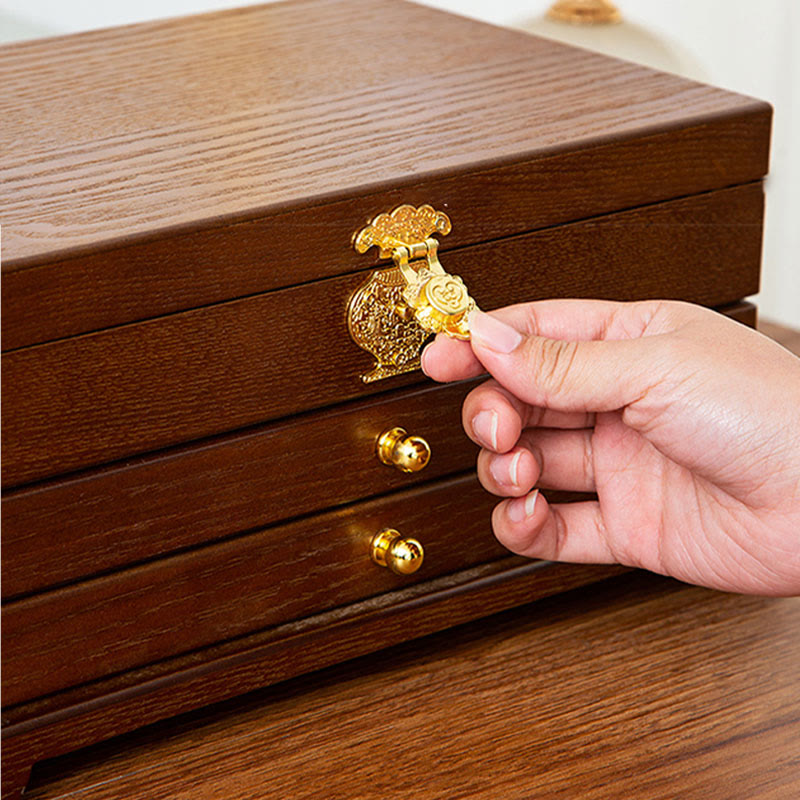 Buddha Stones Retro-Schmuckkästchen aus Holz, dreilagige Schmuckaufbewahrungsbox