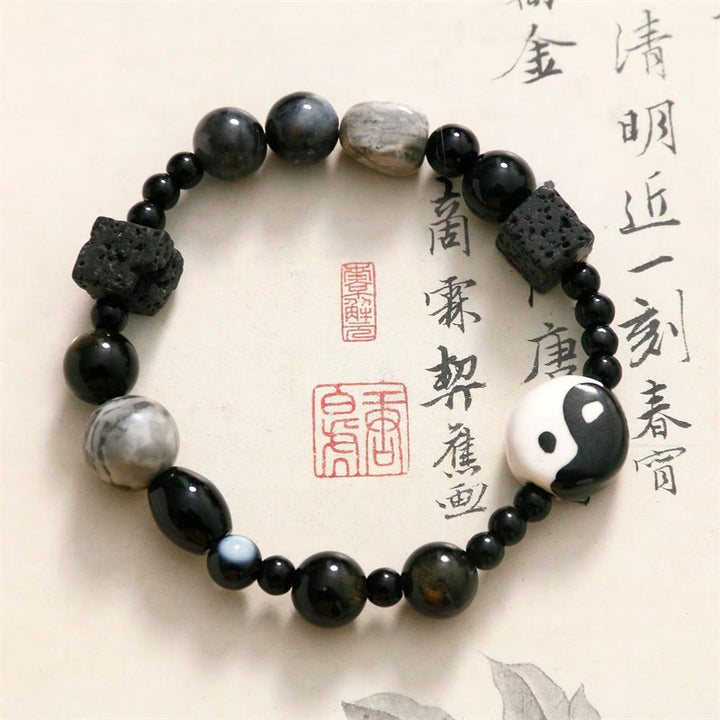 Buddha Stones Schwarzes Onyx-Picasso-Jaspis-Perlen-Yin-Yang-Glücksschutz-Armband