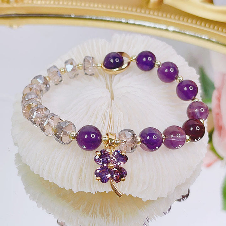 Buddha Stones Amethyst-Kristall, vierblättriges Kleeblatt, heilendes Charm-Armband