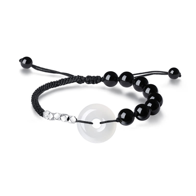 Buddha Stones 925 Sterling Silber schwarzes Obsidian-Achat-Friedensschnallen-Stärke-Armband