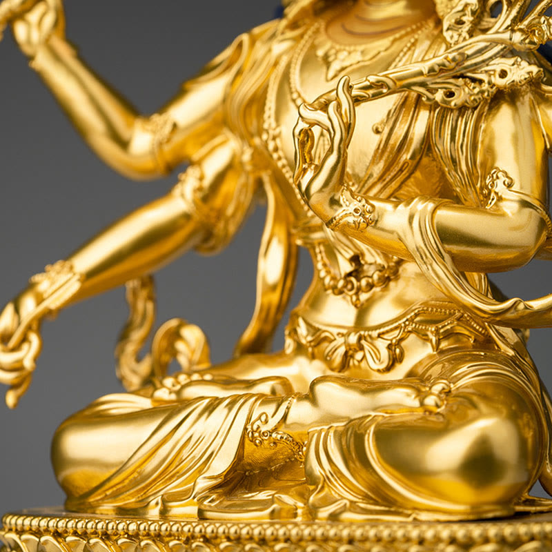 Vierarmige Manjusri Bodhisattva-Goldfigur, Mitgefühl, Gelassenheit, Kupferstatue, Heimdekoration