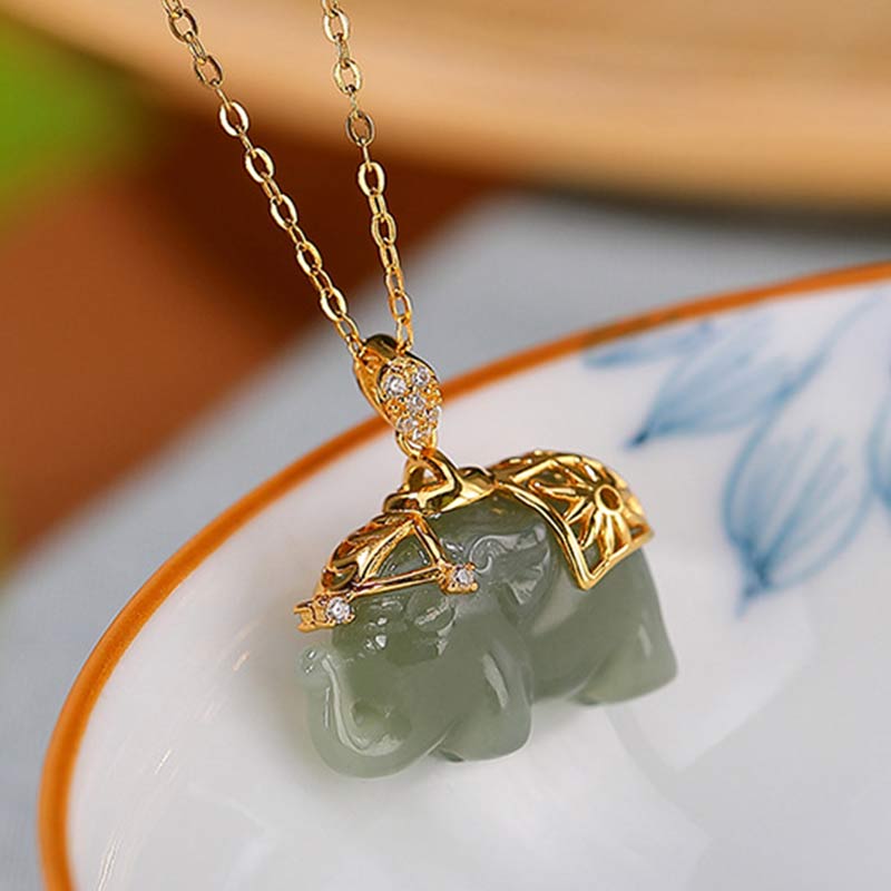 Buddha Stones 925 Sterling Silber Jade Elefant Segen Glück Halskette Kettenanhänger