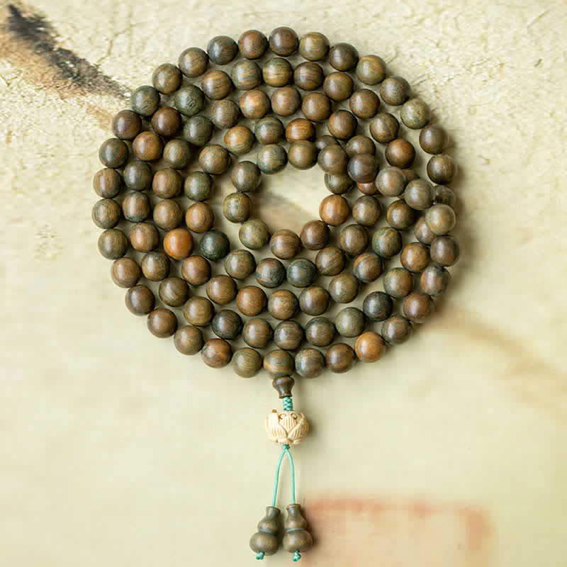 Buddha Stones 108 Mala-Perlen, grünes Sandelholz, Buchsbaum, Lotus, positives Armband