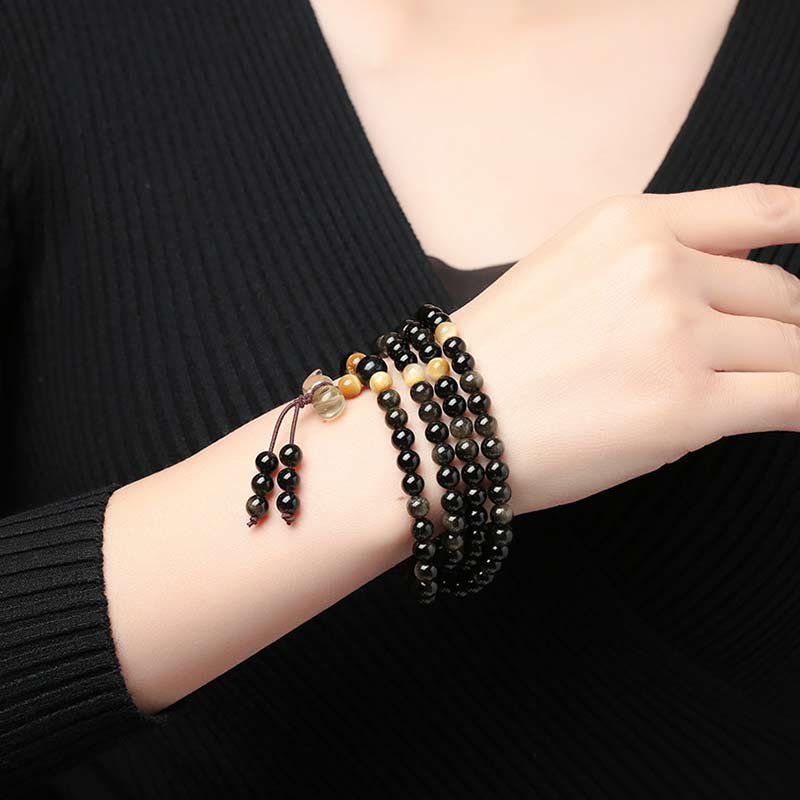 Natürliches Eis-Obsidian-Tigerauge-Kürbis-Armband Mala