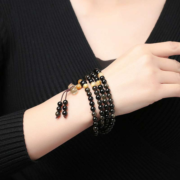 Natürliches Eis-Obsidian-Tigerauge-Kürbis-Armband Mala