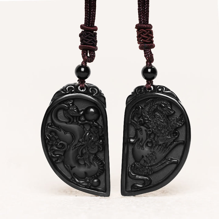 Buddha Stones Schwarzer Obsidian Liebe Drache Phönix Schutz Halskette Anhänger