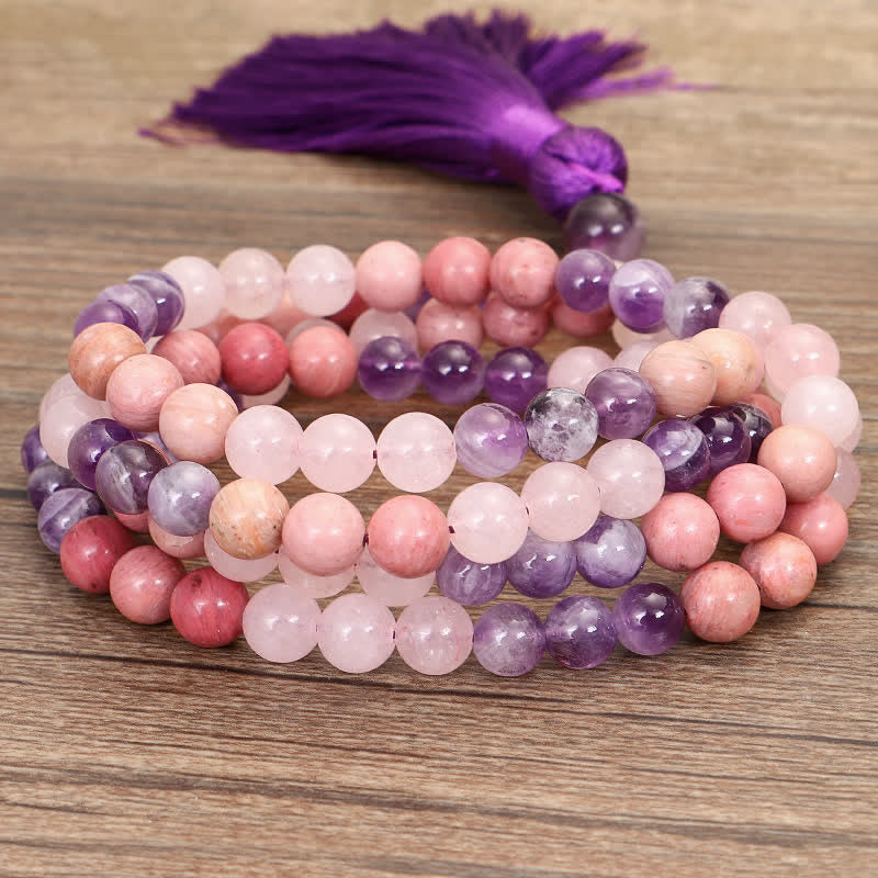 Buddha Stones 108 Mala Perlen Amethyst Rosenquarz Spirituelle Heilung Quastenarmband