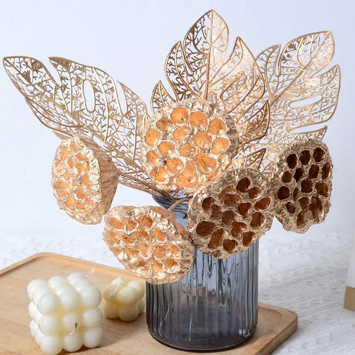 Goldgetrocknete Lotushülse mit Stiel, Tischdekoration für Blumenstrauß