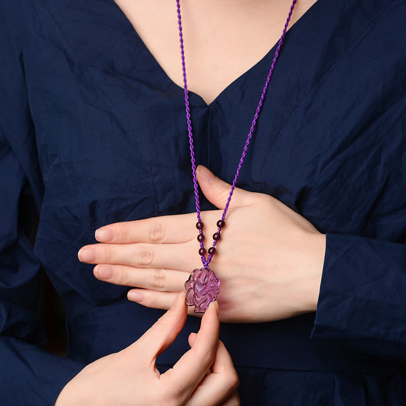 Buddha Stones Halskette mit Anhänger, natürlicher Amethyst, Weiß Kristall, Citrin, neunschwänziger Fuchs, Glücksbringer