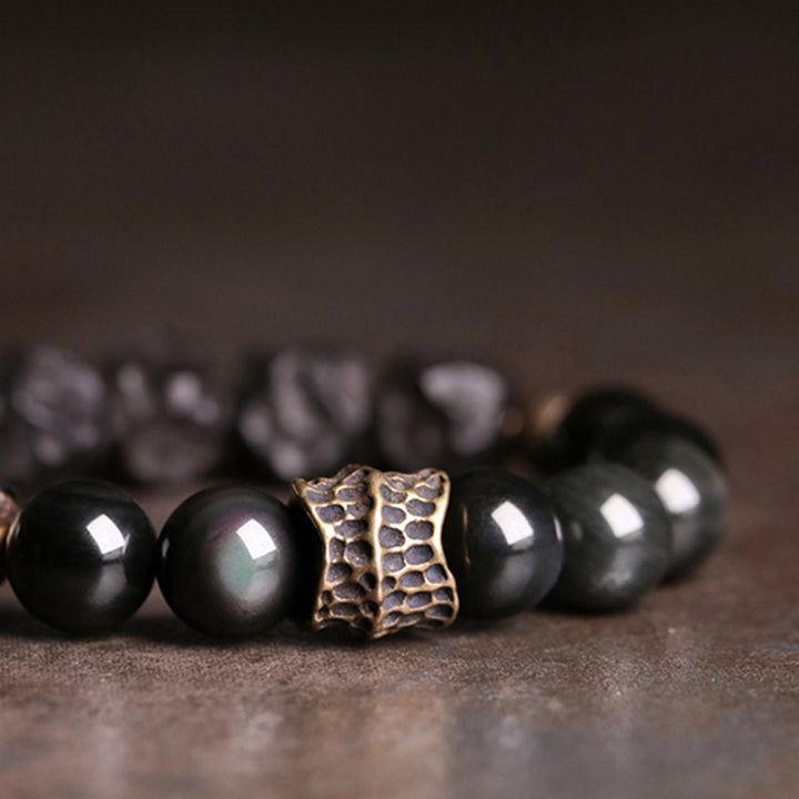 Buddha Stones Schwarzes Obsidian-Ebenholz-Kupfer-Stärke-Paar-Armband