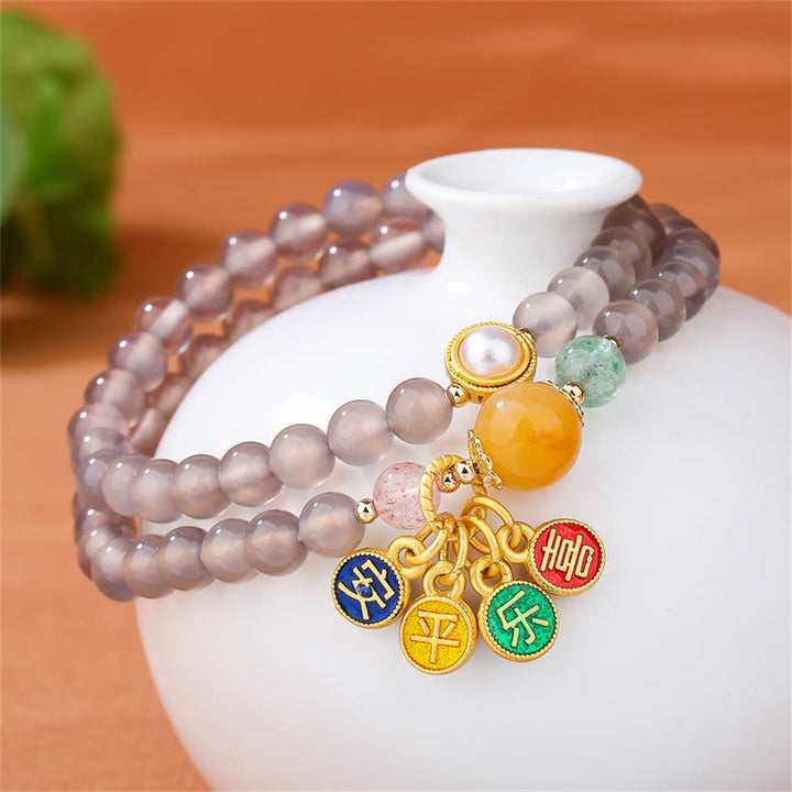 Buddha Stones Natürliches graues Achat-Friedens- und Freude-Charm-Balance-Doppelwickelarmband